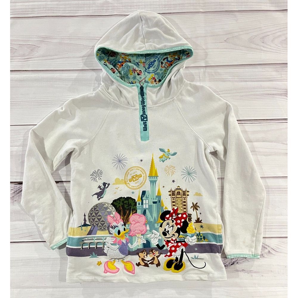 Walt Disney World Hoodie Girls Large White Mickey Mouse And Friends Quarter Zip